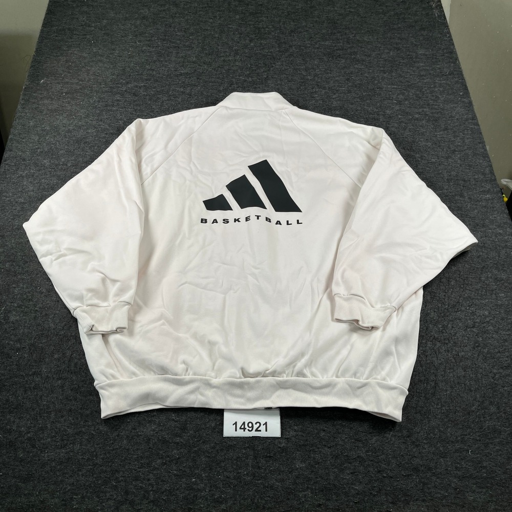 Adidas Bomber Jacket Mens 2XL White Fleece Lined Basketball Logo Full Zip Winter